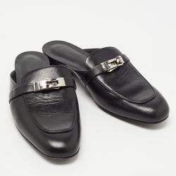 Hermes Black Leather Palladium Plated Oz Mules Size 37