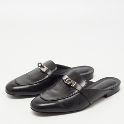 Hermes Black Leather Palladium Plated Oz Mules Size 37