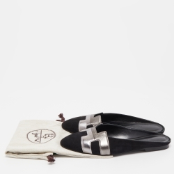 Pre Owned Hermes Black/Metallic Suede and Leather Roxane Mules Size 37