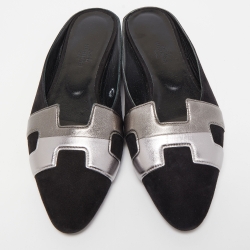 Pre Owned Hermes Black/Metallic Suede and Leather Roxane Mules Size 37