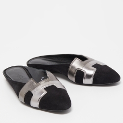 Pre Owned Hermes Black/Metallic Suede and Leather Roxane Mules Size 37