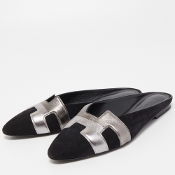 Pre Owned Hermes Black/Metallic Suede and Leather Roxane Mules Size 37