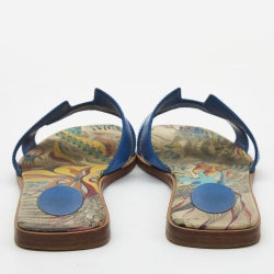 Pre Owned Hermes Blue Leather Oran Slide Flats Size 39