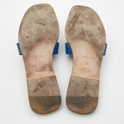 Pre Owned Hermes Blue Leather Oran Slide Flats Size 39