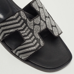 Hermes Black Embroidery Leather Oran Flat Slides Size 37