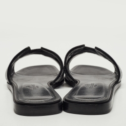 Hermes Black Embroidery Leather Oran Flat Slides Size 37