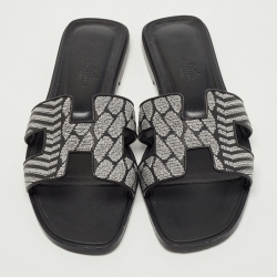 Hermes Black Embroidery Leather Oran Flat Slides Size 37