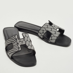 Hermes Black Embroidery Leather Oran Flat Slides Size 37