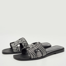 Hermes Black Embroidery Leather Oran Flat Slides Size 37