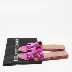 Hermes Magenta Croc Embossed Leather Oran Flat Slides Size 37