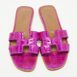 Hermes Magenta Croc Embossed Leather Oran Flat Slides Size 37