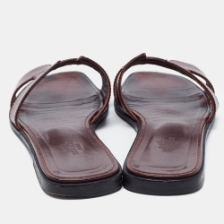 Pre Owned Hermes Burgundy Patent Oran Slide Flats  Size 38