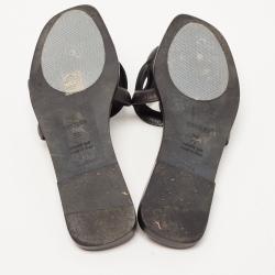 Pre Owned Hermes Black Leather Aloha Slide Flats Size 39