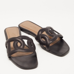 Pre Owned Hermes Black Leather Aloha Slide Flats Size 39