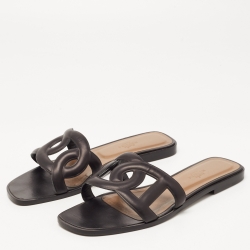 Pre Owned Hermes Black Leather Aloha Slide Flats Size 39