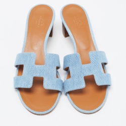 Pre Owned Hermes Blue Denim Oasis Slide Sandals Size 38