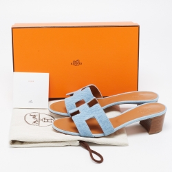 Pre Owned Hermes Blue Denim Oasis Slide Sandals Size 38