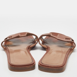 Pre Owned Hermes Brown Leather Oran Flat Slides Size 38.5