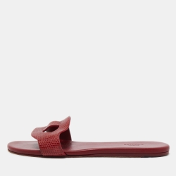 Hermes Dark Red Lizard Lisboa Flat Slides Size 38