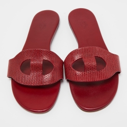 Hermes Dark Red Lizard Lisboa Flat Slides Size 38