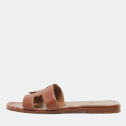 Hermes Brown Leather Oran Flat Slides Size 37