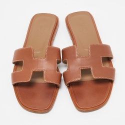 Hermes Brown Leather Oran Flat Slides Size 37