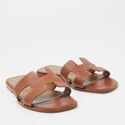 Hermes Brown Leather Oran Flat Slides Size 37