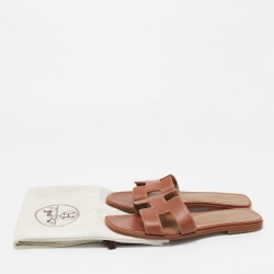 Hermes Brown Leather Oran Flat Slides Size 37