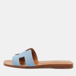 Pre Owned Hermes Blue Denim Oran Flat Slides Size 39