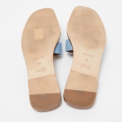 Pre Owned Hermes Blue Denim Oran Flat Slides Size 39