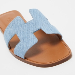 Pre Owned Hermes Blue Denim Oran Flat Slides Size 39