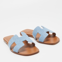 Pre Owned Hermes Blue Denim Oran Flat Slides Size 39