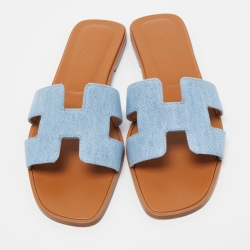 Pre Owned Hermes Blue Denim Oran Flat Slides Size 39