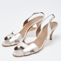 Pre Owned Hermes Silver Leather Night Slingback Sandals Size 39
