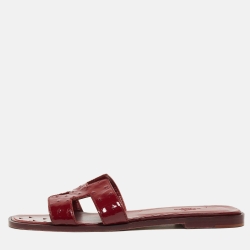 Hermes Burgundy Ostrich Embossed Leather Oran Flat Slides Size 39.5