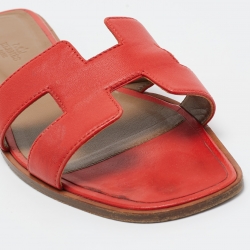 Hermes Red Leather Oran Flat Slides Size 41 