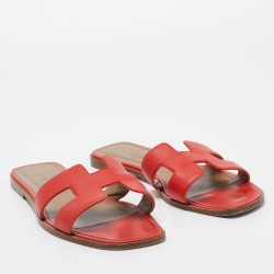 Hermes Red Leather Oran Flat Slides Size 41 
