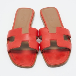 Hermes Red Leather Oran Flat Slides Size 41 