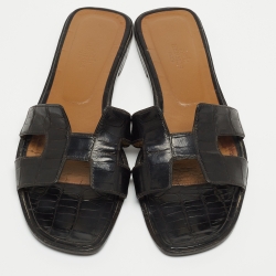 Pre Owned Hermes Black Alligator Oran Flat Slides Size 39.5
