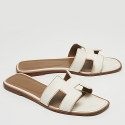 Hermes White Leather Oran Flat Slides Size 40 