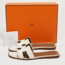 Hermes White Leather Oran Flat Slides Size 40 