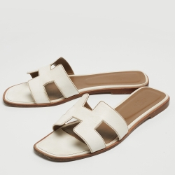 Hermes White Leather Oran Flat Slides Size 40 