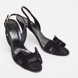 Pre Owned Hermes Black Suede Night Slingback Sandals Size 40
