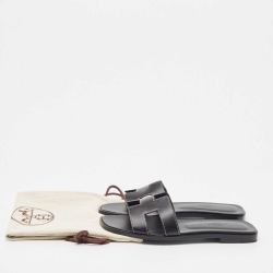 Hermes Black Leather Oran Flat Slides Size 36.5