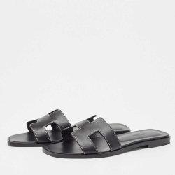 Hermes Black Leather Oran Flat Slides Size 36.5