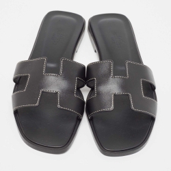 Hermes Black Leather Oran Flat Slides Size 36.5