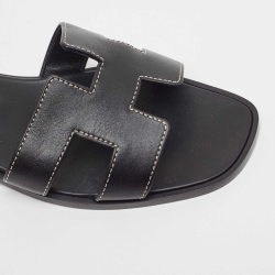 Hermes Black Leather Oran Flat Slides Size 36.5