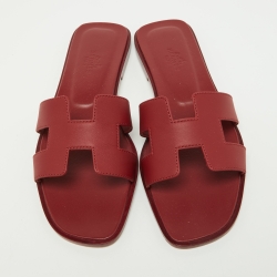 Hermes Red Leather Oran Slip On Sandals Size 38