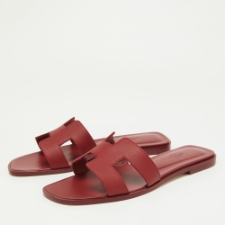 Hermes Red Leather Oran Slip On Sandals Size 38