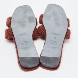 Pre Owned Hermes Brown Shearling Fur Oran Flat Slides Size 37